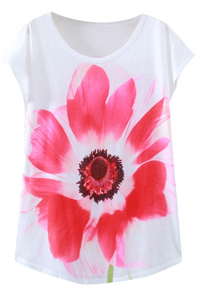 Ink Color Red Flower Print White Short Sleeve T-Shirt