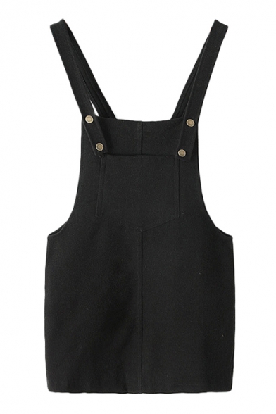 Plain Three Pockets Buttons Laid Back Woolen Overalls - Beautifulhalo.com