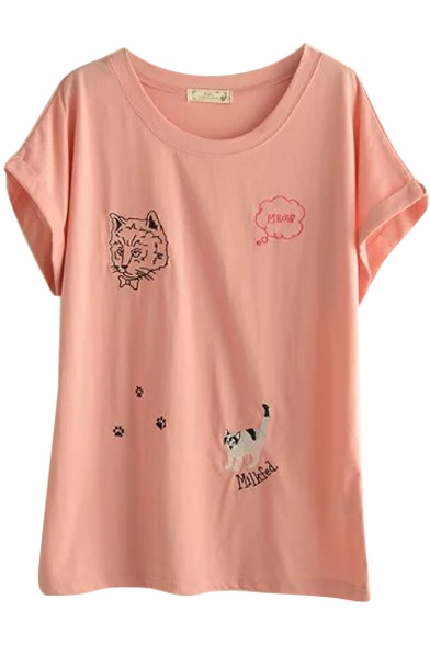 Red Short Sleeve Kitty Embroidered Midi T-Shirt