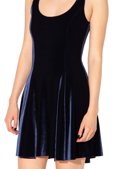 Round Neck Dark Blue Skater Tank Velvet Dress - Beautifulhalo.com