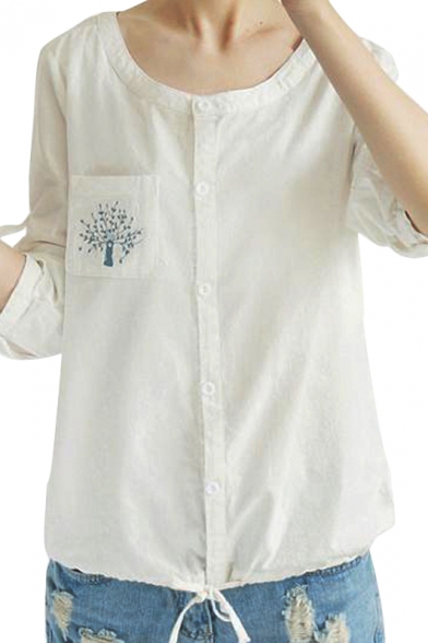 White 3/4 Sleeve Round Neck Tree Embroidered Shirt