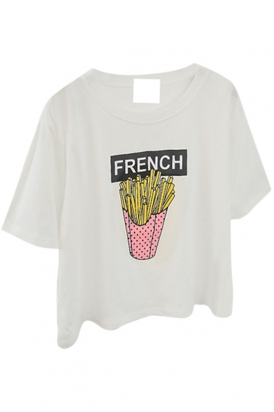 White Cartoon French Fries Print Crop T-Shirt