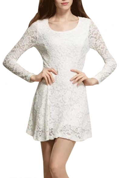 White Lace Long Sleeve Ladylike Dress