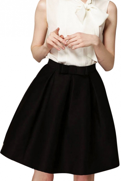 Black Bow Tie High Waist Midi A-line Skirt - Beautifulhalo.com