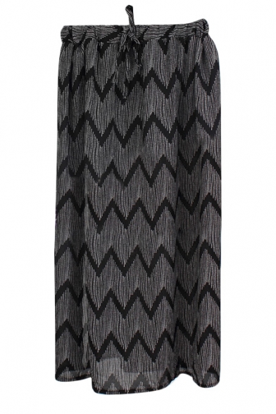 Black Curve Pattern Drawstring Waist Chiffon Tube Skirt