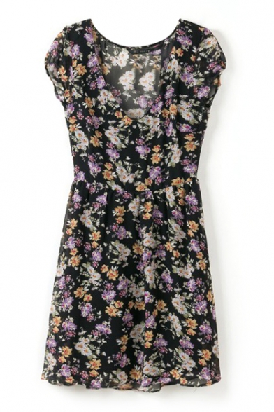 Floral V-Neck Short Sleeve Pleated Dress