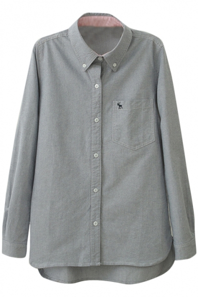 Gray Long Sleeve Tiny Deer Embroidered Shirt with Pocket