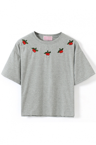 Gray Short Sleeve Cherry Embroidered Crop T-Shirt