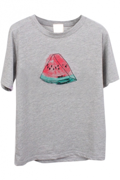 Gray Short Sleeve Color Ink Watermelon Print T-Shirt