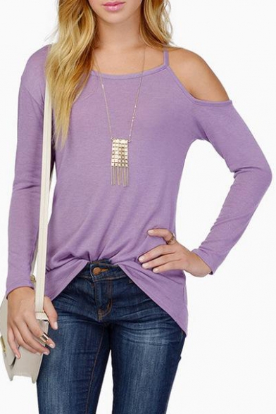 Purple Plain One Shoulder Off Long Sleeve T-Shirt