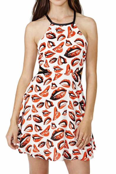 Red Lip Print Sleeveless Dress with Cutout Side