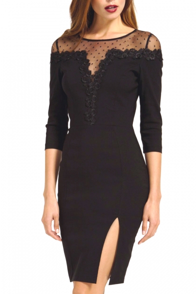 Sheer Lace Mesh Inserted 3/4 Sleeve Dress with Side Split