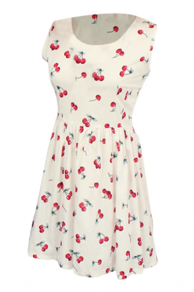 White Background All Over Cherry A-line Tanks Dress