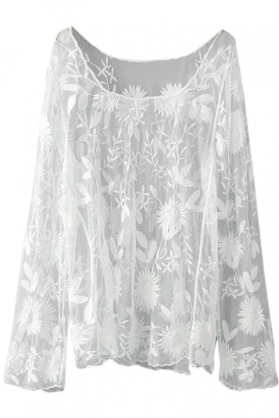 White Lace Flower Embroidered Sheer Blouse