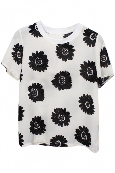 Black Big Flower Print Chiffon Short Sleeve T-Shirt