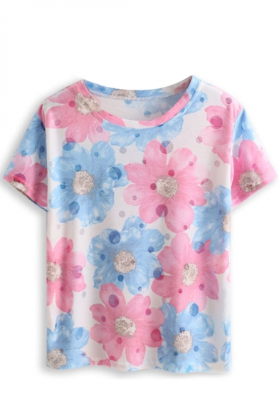 Blue Blooming Floral Print Short Sleeve Tee - Beautifulhalo.com