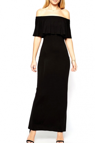 Elegant Off-The-Shoulder Ruffled Fitted Maxi Dress with Back Split