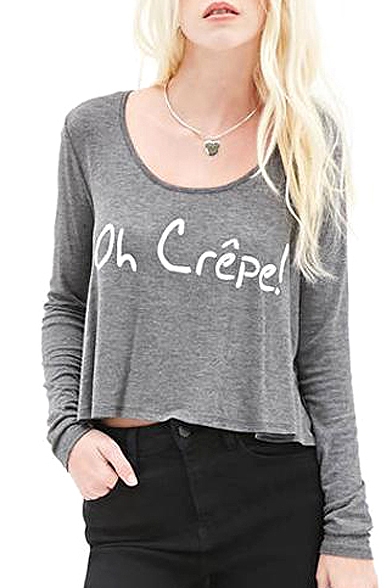 Gray French Letter Print Long Sleeve Crop Tee