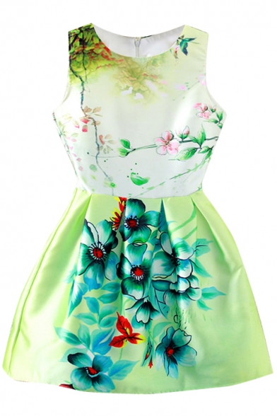 Green Fresh Flower Print Sleeveless Fit&Flare Dress