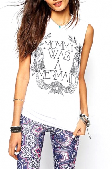Letter and Mermaid Print Casual Tank