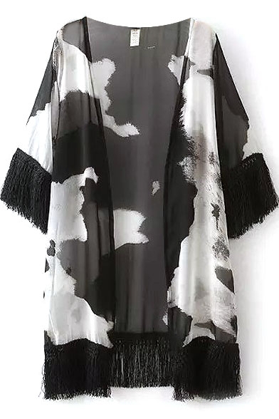 Mono 1/2 Sleeve Flora Tassel Trim Chiffon Kimono