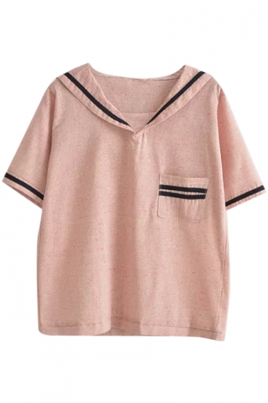Pink Stripe Tiny Pocket Navy Style Lapel Blouse