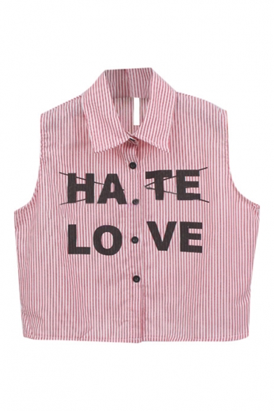 Pink Thin Vertical Stripe&Letters Print Sleeveless Crop Shirt