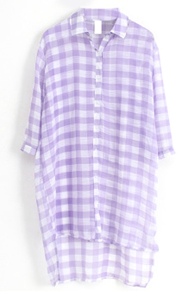 Purple 1/2 Sleeve Plaid Step Hem Chiffon Midi Shirt