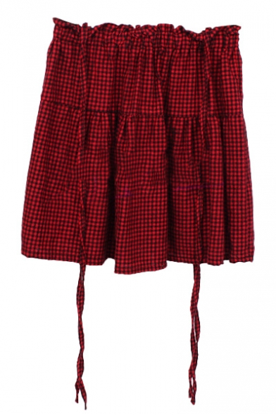 Red Gingham Pattern Mini Suspender Skirt