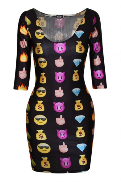 Sexy Emoji Print U Neck Half Sleeve Bodycon Dress
