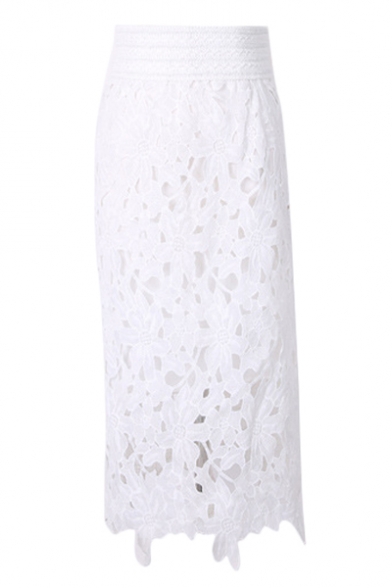 White Lace Flower Cutwork Pencil Midi Skirt