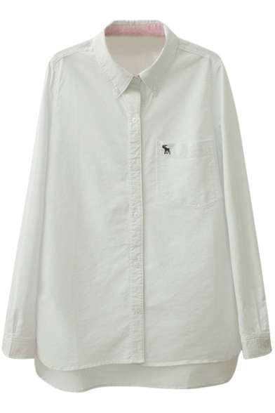 White Long Sleeve Tiny Deer Embroidered Shirt with Pocket