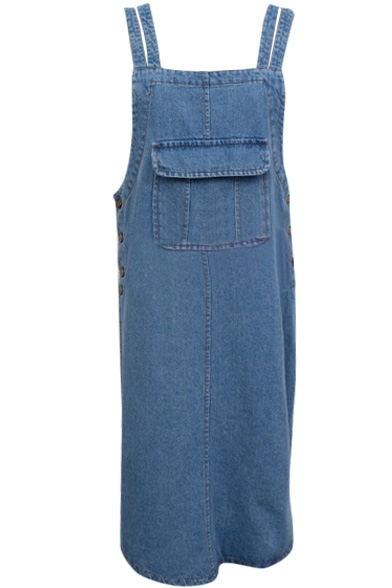 Blue Double Straps Overall Style Denim Dress with Big Single Pocket