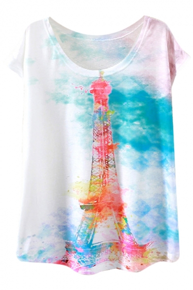 Ink Color Paris Tower Print White T-Shirt