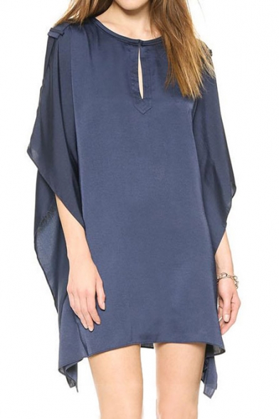 Keyhole Neckline Batwing Sleeve Loose Dress with Asymmetric Hem ...