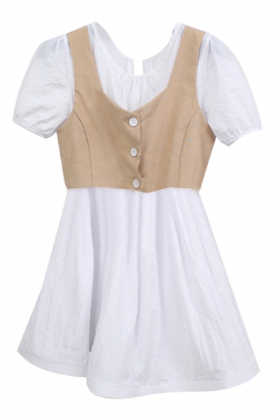 Khaki Button Fly Crop Vest Cover White Short Sleeve Dress