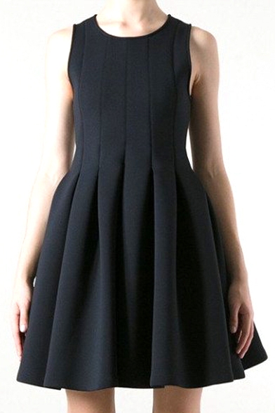Plain Pleated Sleeveless A-line Dress