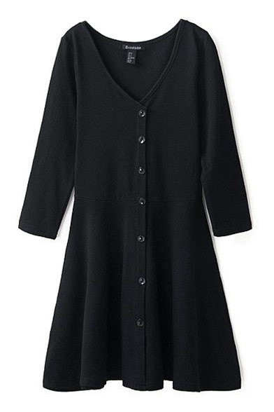 Plain V-Neck 3/4 Sleeve Button Dress