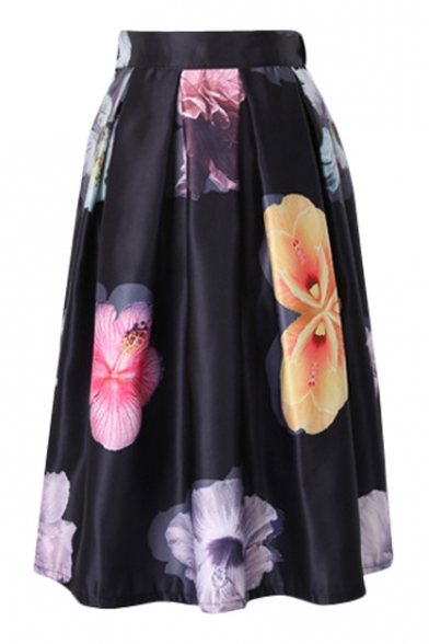 Flower Print Pleated Midi Full  Skirt