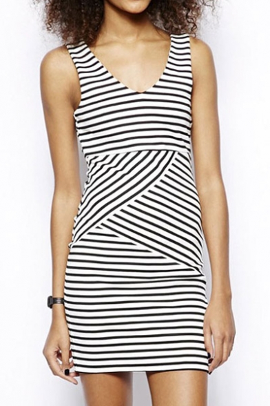 Stripe Print Backless Tank Dress with Zipper