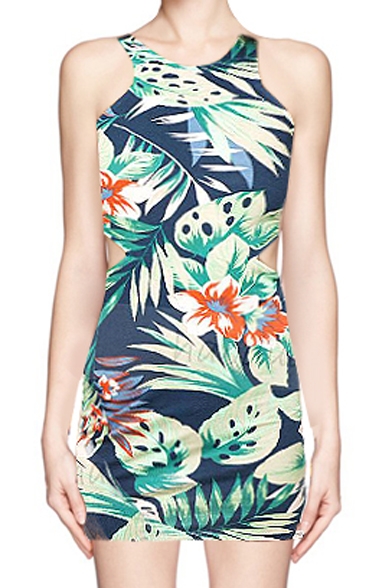 Tropical Floral Print Sleeveless Mini Dress with Cutouts