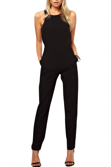 Black Round Neck Sleeveless Split Back Fitted Jumpsuits