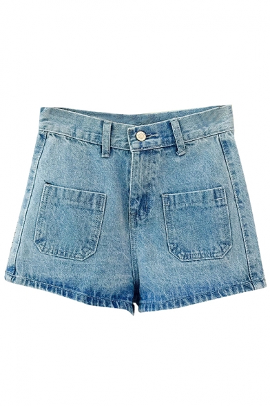 Blue Double Pockets Front Denim Shorts