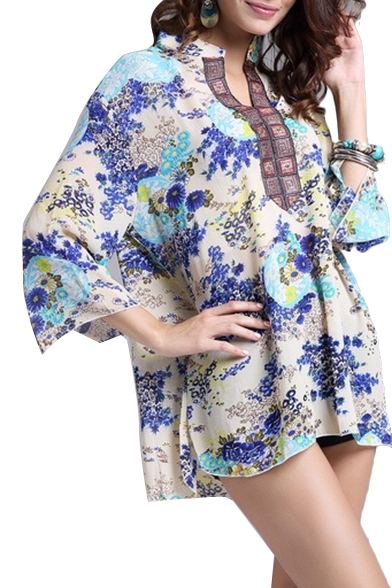 Ethic Embroidered Flora Print Loose Blouse