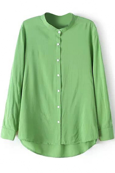 Green Long Sleeve Stand Collar Dip Hem Basic Shirt