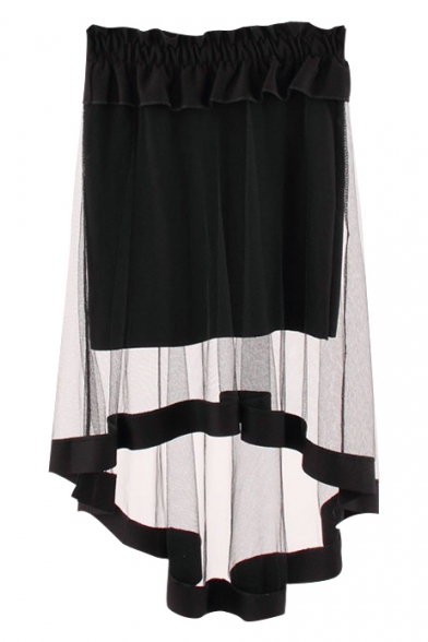 High-Low Hem Black Sheer Mesh Ruffle High Waist Skirt