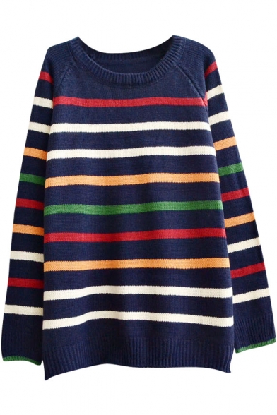 Multi Horizontal Stripe Pattern Round Neck Raglan Sleeve Sweater