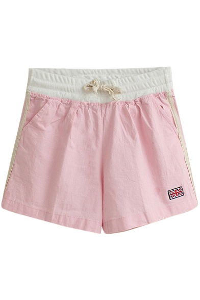 Pink Sweet Style Flag Embroidered Drawstring Waist Shorts