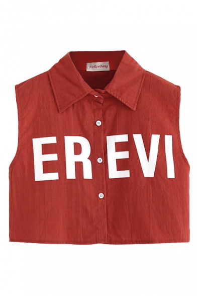 Red Letter Print Lapel Sleeveless Crop Shirt