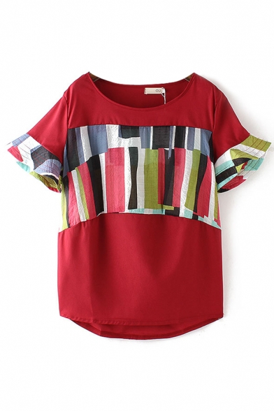 Red Short Flare Sleeve Colorful Stripe Blouse